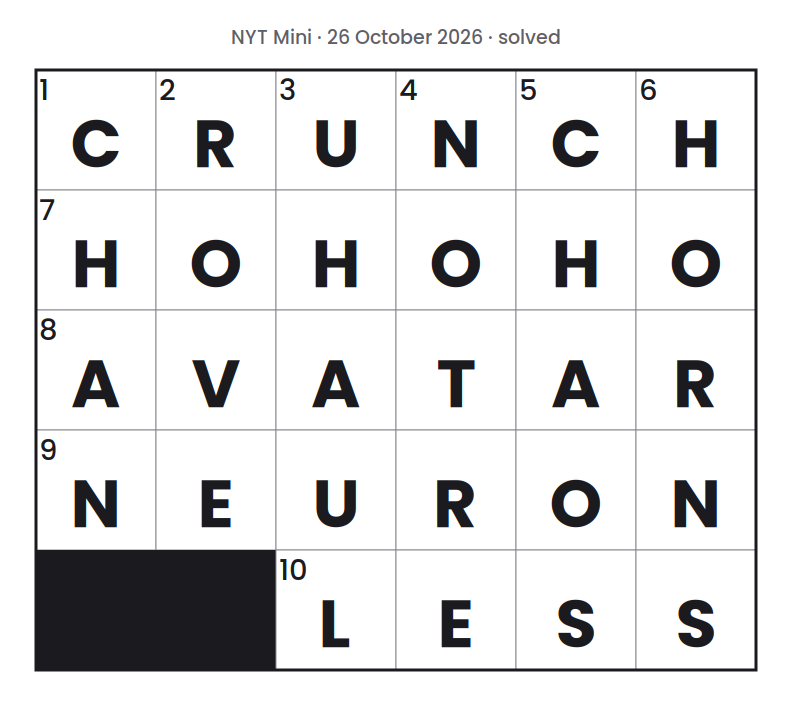Solved NYT Mini puzzle grid for 26 October 2026, with every answer filled in.