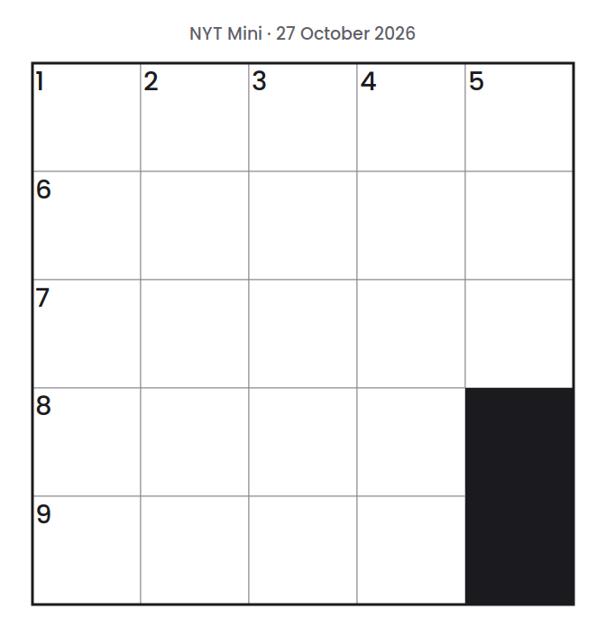 Empty NYT Mini puzzle grid for 27 October 2026, 5 squares wide and 5 squares high, with answer numbers in their squares and no letters.