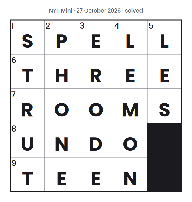 Solved NYT Mini puzzle grid for 27 October 2026, with every answer filled in.