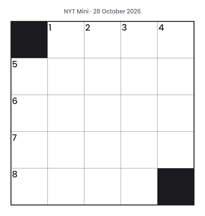 Empty NYT Mini puzzle grid for 28 October 2026, 5 squares wide and 5 squares high, with answer numbers in their squares and no letters.