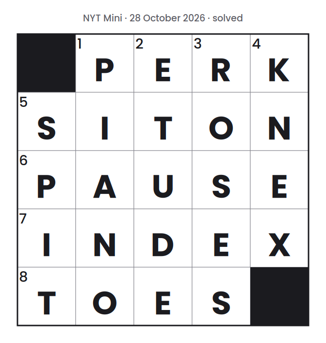 Solved NYT Mini puzzle grid for 28 October 2026, with every answer filled in.