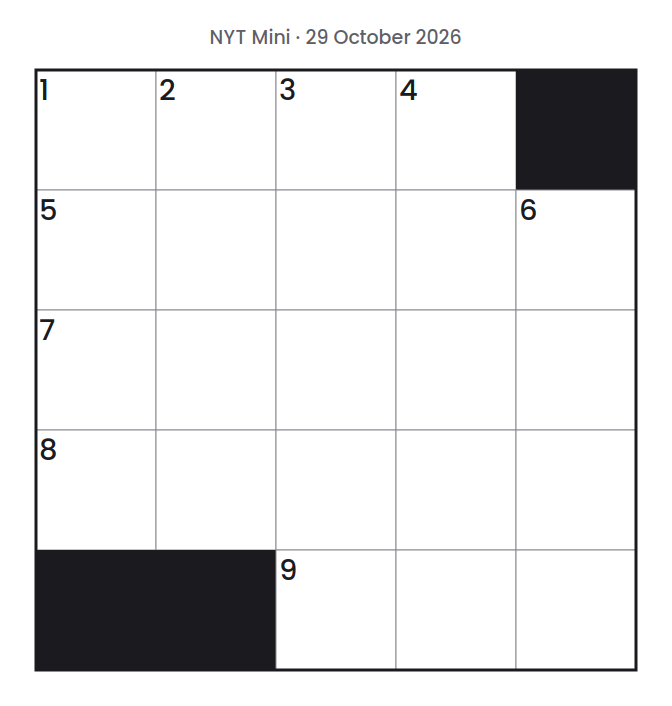 Empty NYT Mini puzzle grid for 29 October 2026, 5 squares wide and 5 squares high, with answer numbers in their squares and no letters.