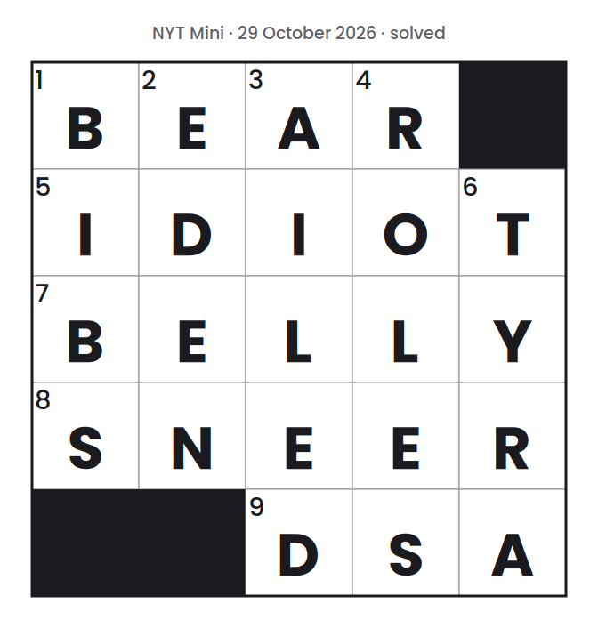Solved NYT Mini puzzle grid for 29 October 2026, with every answer filled in.