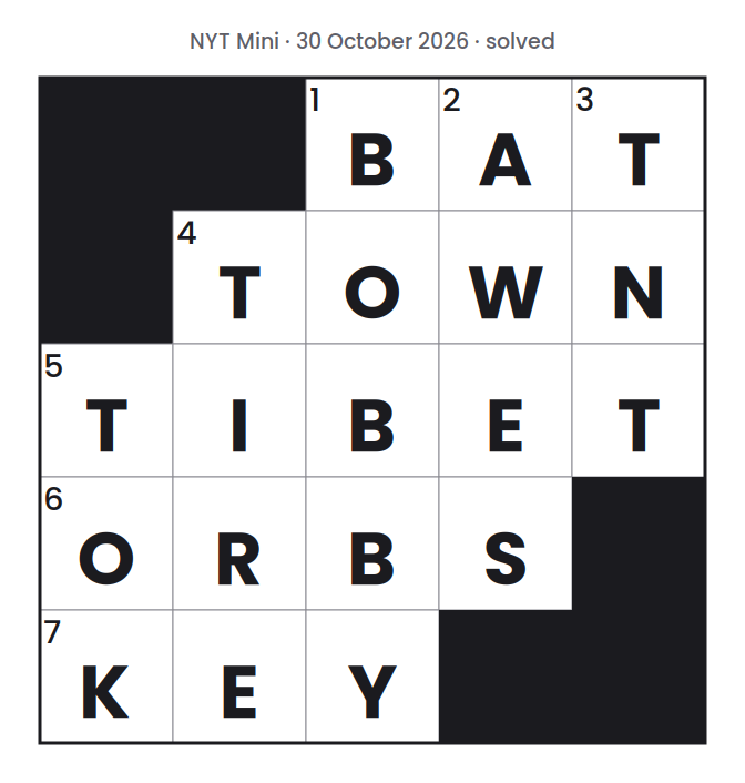 Solved NYT Mini puzzle grid for 30 October 2026, with every answer filled in.