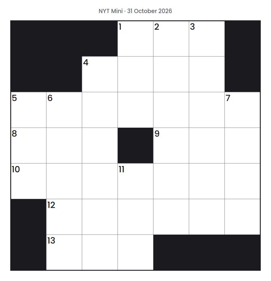 Empty NYT Mini puzzle grid for 31 October 2026, 7 squares wide and 7 squares high, with answer numbers in their squares and no letters.