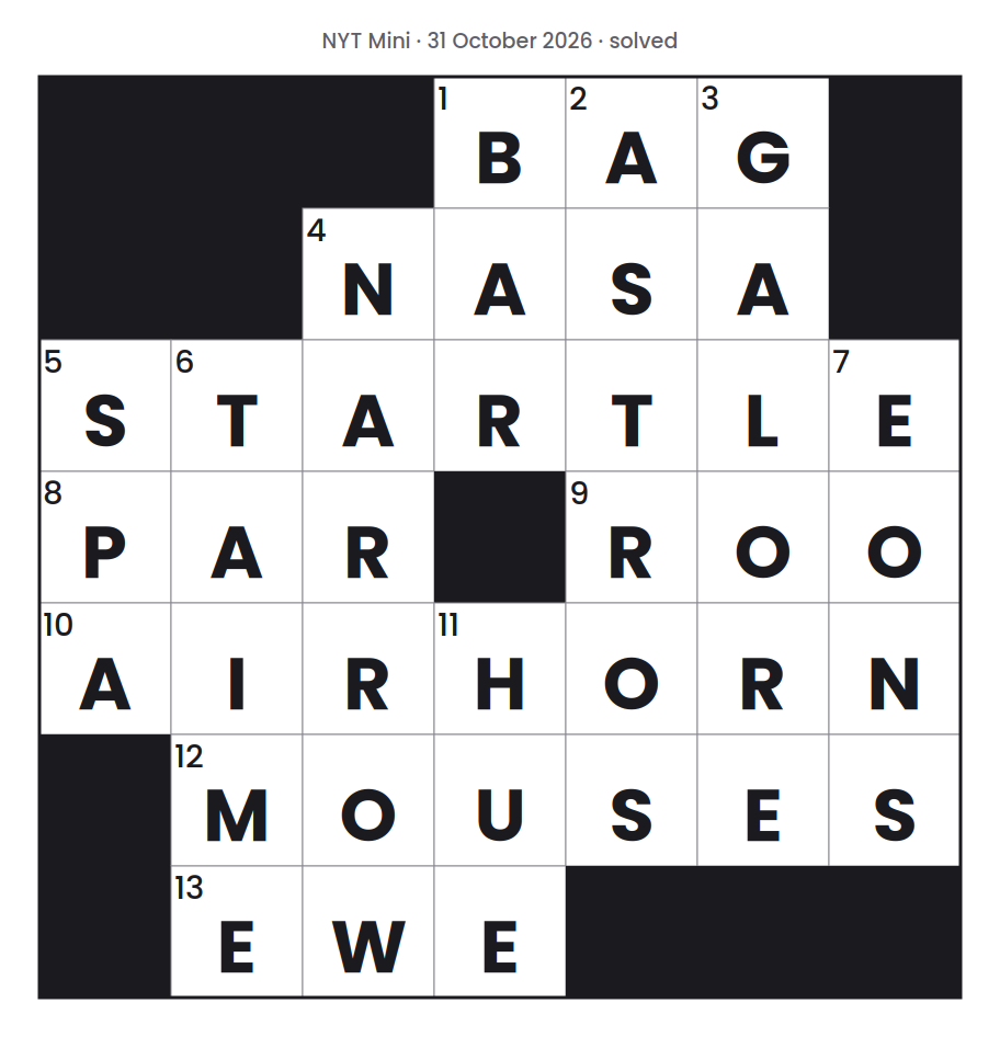 Solved NYT Mini puzzle grid for 31 October 2026, with every answer filled in.