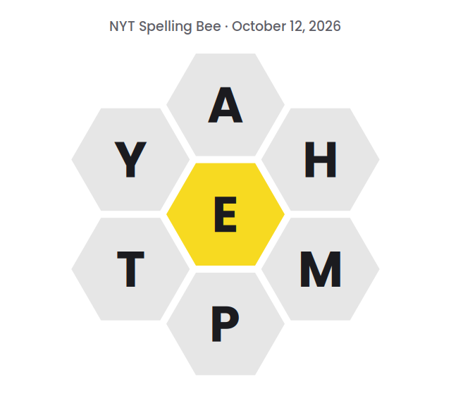 Seven hexagons showing the NYT Spelling Bee letters for October 12, 2026: E in the center and A, H, M, P, T and Y around it.