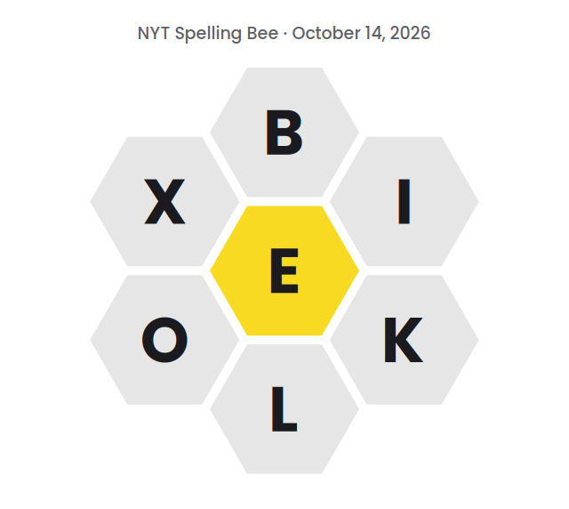 Seven hexagons showing the NYT Spelling Bee letters for October 14, 2026: E in the center and B, I, K, L, O and X around it.