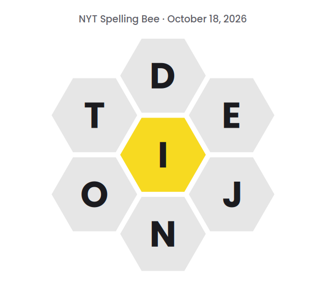 Seven hexagons showing the NYT Spelling Bee letters for October 18, 2026: I in the center and D, E, J, N, O and T around it.
