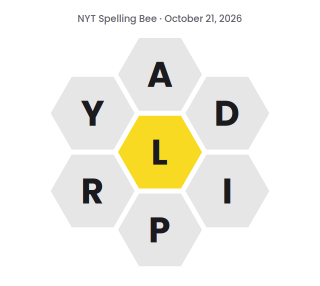Seven hexagons showing the NYT Spelling Bee letters for October 21, 2026: L in the center and A, D, I, P, R and Y around it.