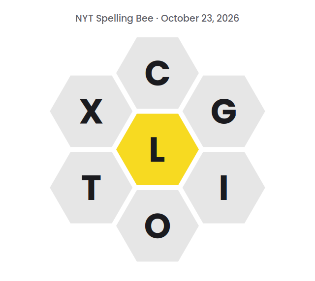 Seven hexagons showing the NYT Spelling Bee letters for October 23, 2026: L in the center and C, G, I, O, T and X around it.
