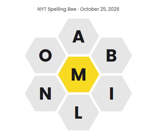 Seven hexagons showing the NYT Spelling Bee letters for October 25, 2026: M in the center and A, B, I, L, N and O around it.