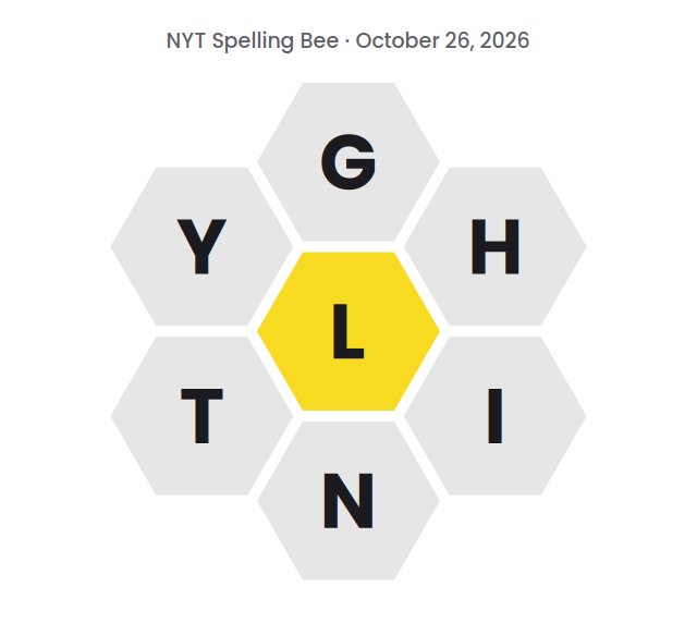 Seven hexagons showing the NYT Spelling Bee letters for October 26, 2026: L in the center and G, H, I, N, T and Y around it.
