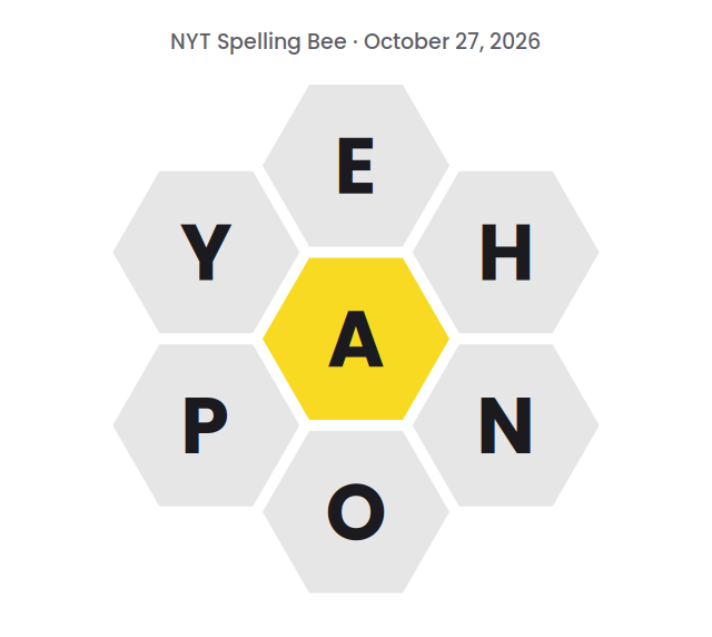 Seven hexagons showing the NYT Spelling Bee letters for October 27, 2026: A in the center and E, H, N, O, P and Y around it.