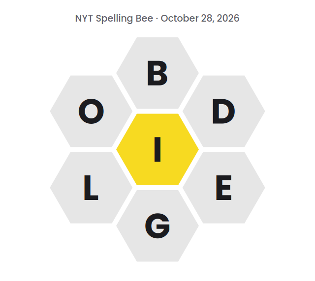Seven hexagons showing the NYT Spelling Bee letters for October 28, 2026: I in the center and B, D, E, G, L and O around it.