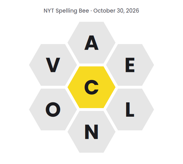 Seven hexagons showing the NYT Spelling Bee letters for October 30, 2026: C in the center and A, E, L, N, O and V around it.