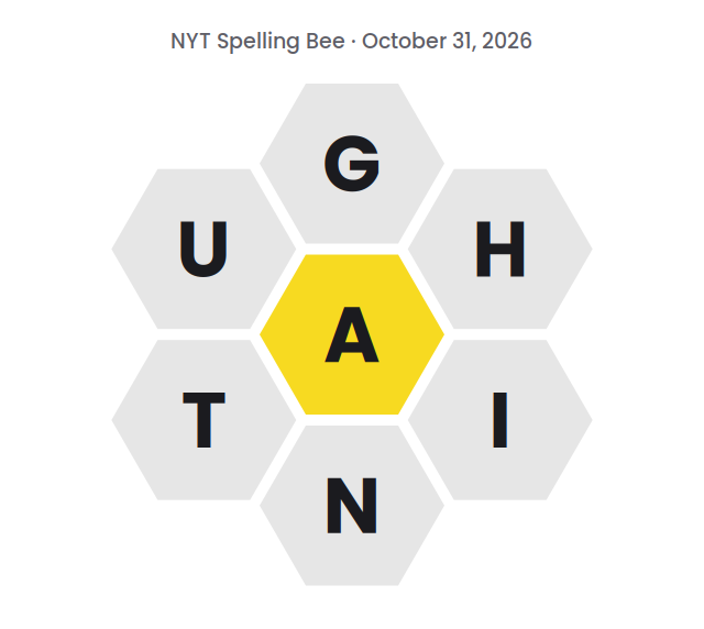 Seven hexagons showing the NYT Spelling Bee letters for October 31, 2026: A in the center and G, H, I, N, T and U around it.
