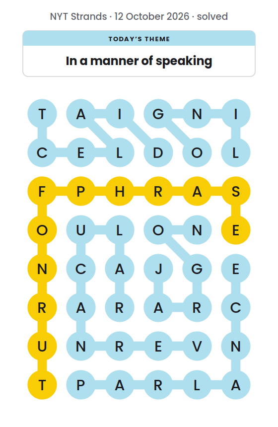 Solved NYT Strands board for 12 October 2026, with the spangram TURNOFPHRASE in yellow and the theme words DIALECT, JARGON, LINGO, PARLANCE and VERNACULAR.