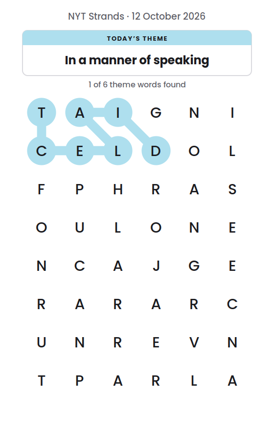 NYT Strands board for 12 October 2026 with 1 of 6 words found; the newest is DIALECT.