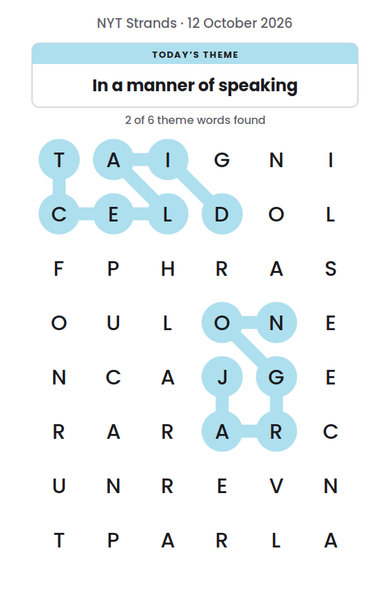 NYT Strands board for 12 October 2026 with 2 of 6 words found; the newest is JARGON.