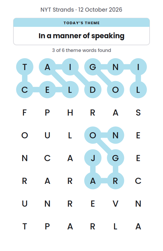 NYT Strands board for 12 October 2026 with 3 of 6 words found; the newest is LINGO.