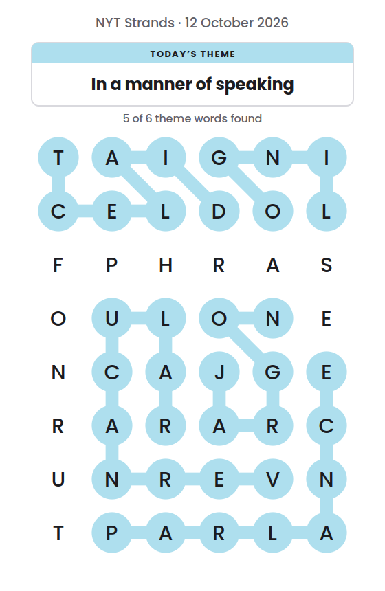 NYT Strands board for 12 October 2026 with 5 of 6 words found; the newest is VERNACULAR.