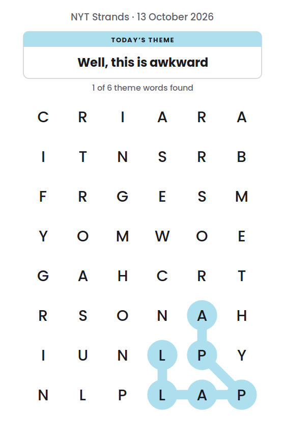 NYT Strands board for 13 October 2026 with 1 of 6 words found; the newest is APPALL.