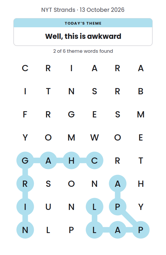 NYT Strands board for 13 October 2026 with 2 of 6 words found; the newest is CHAGRIN.