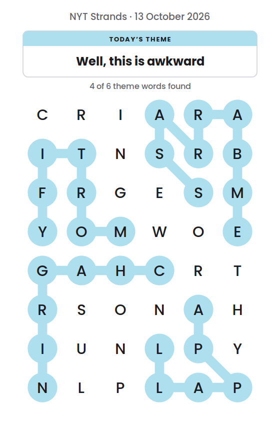 NYT Strands board for 13 October 2026 with 4 of 6 words found; the newest is MORTIFY.