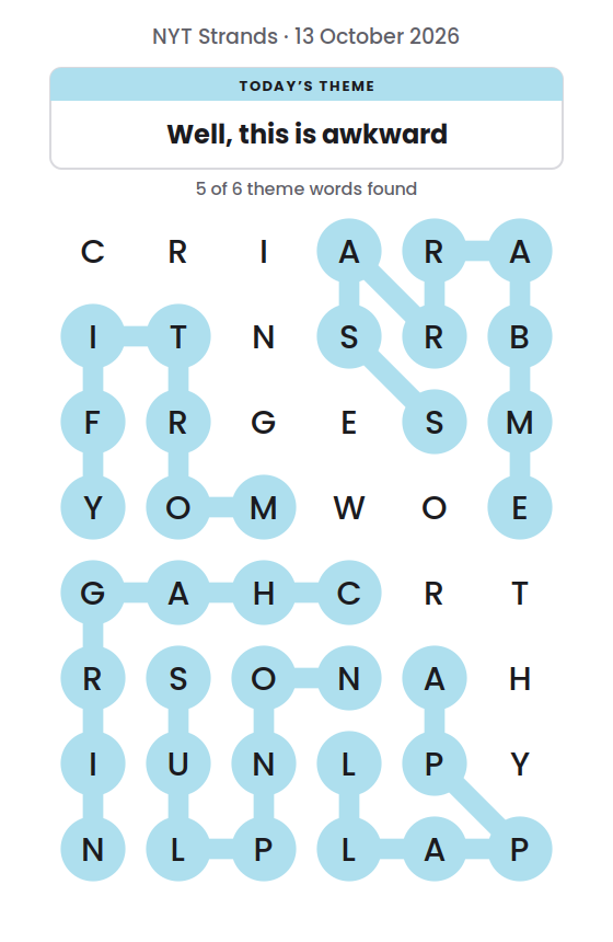 NYT Strands board for 13 October 2026 with 5 of 6 words found; the newest is NONPLUS.