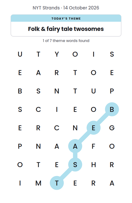 NYT Strands board for 14 October 2026 with 1 of 7 words found; the newest is BEAST.