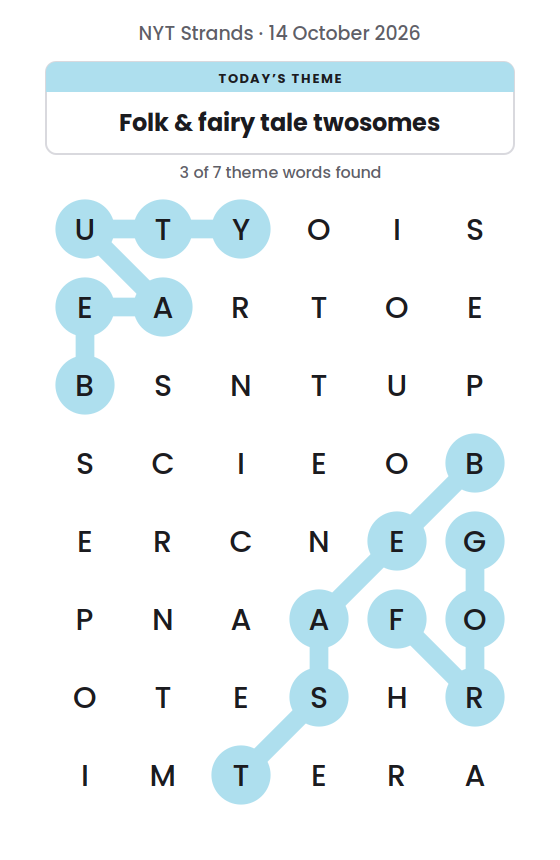 NYT Strands board for 14 October 2026 with 3 of 7 words found; the newest is FROG.