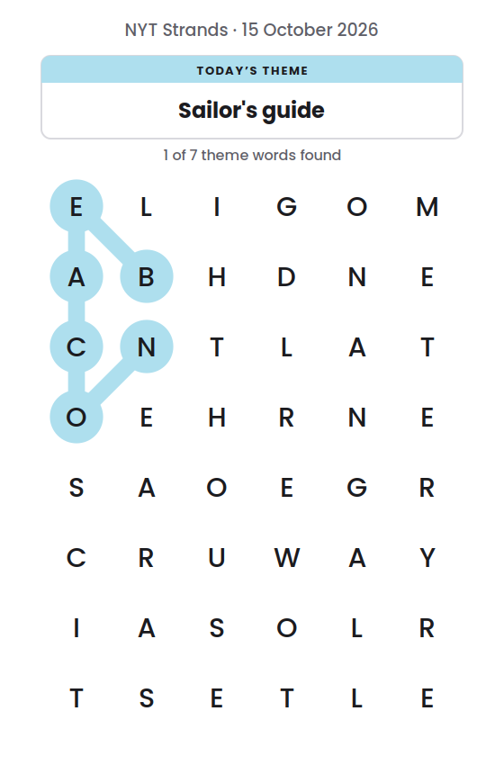 NYT Strands board for 15 October 2026 with 1 of 7 words found; the newest is BEACON.