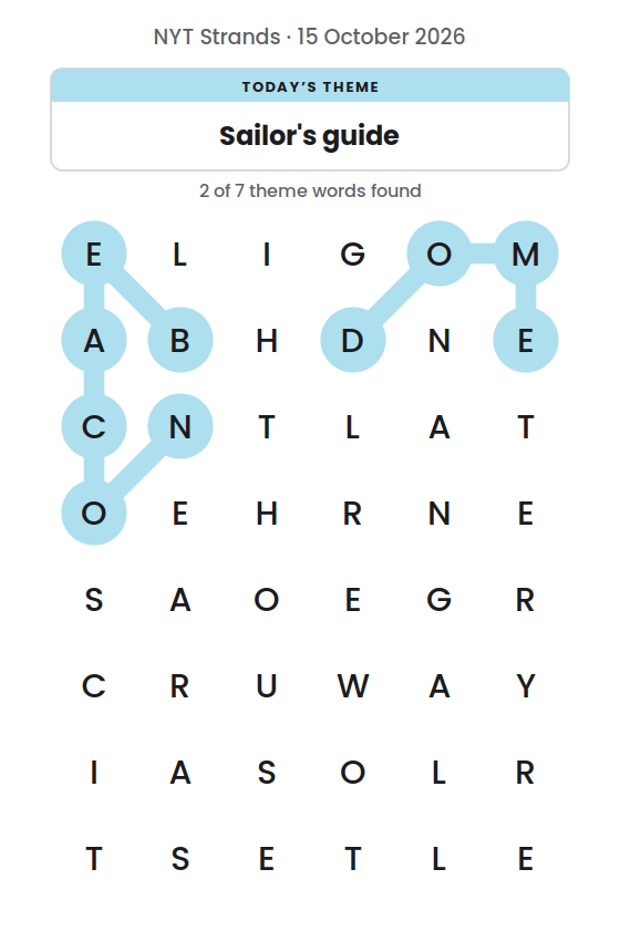 NYT Strands board for 15 October 2026 with 2 of 7 words found; the newest is DOME.
