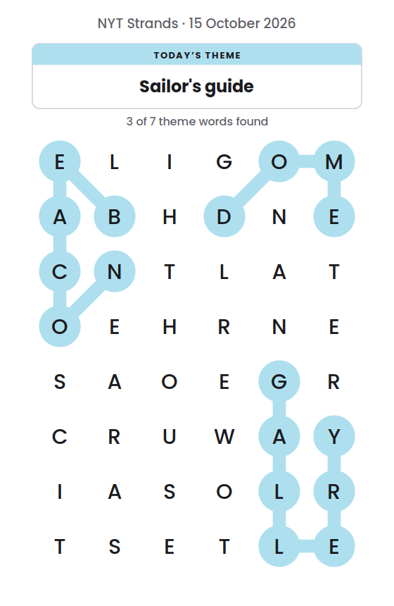 NYT Strands board for 15 October 2026 with 3 of 7 words found; the newest is GALLERY.