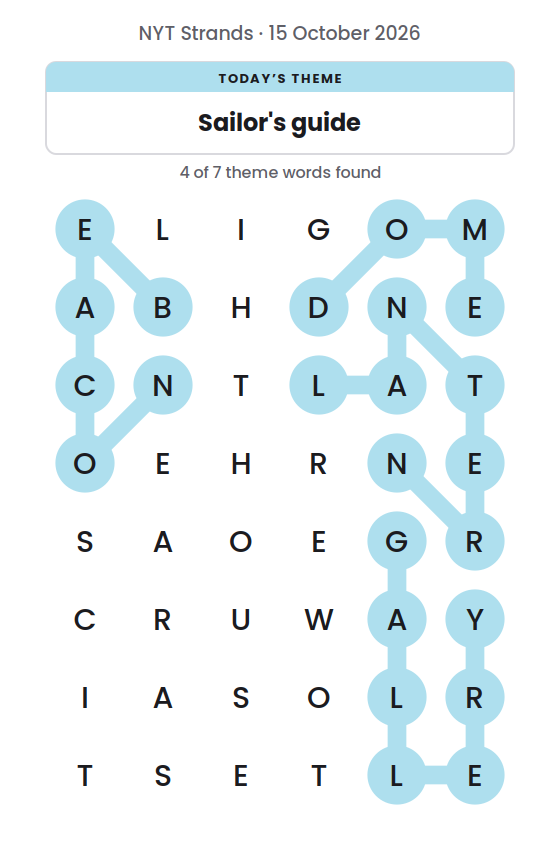 NYT Strands board for 15 October 2026 with 4 of 7 words found; the newest is LANTERN.