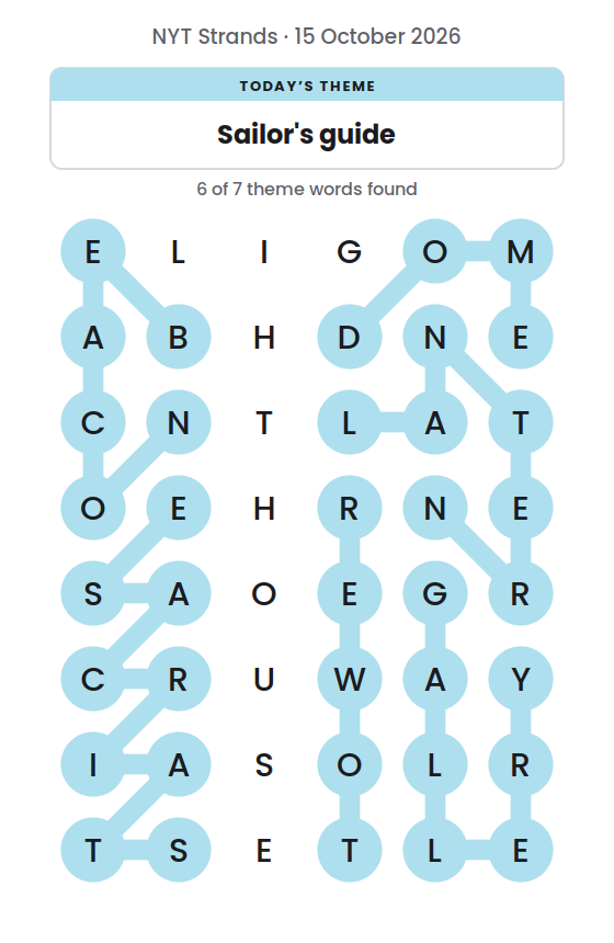NYT Strands board for 15 October 2026 with 6 of 7 words found; the newest is TOWER.