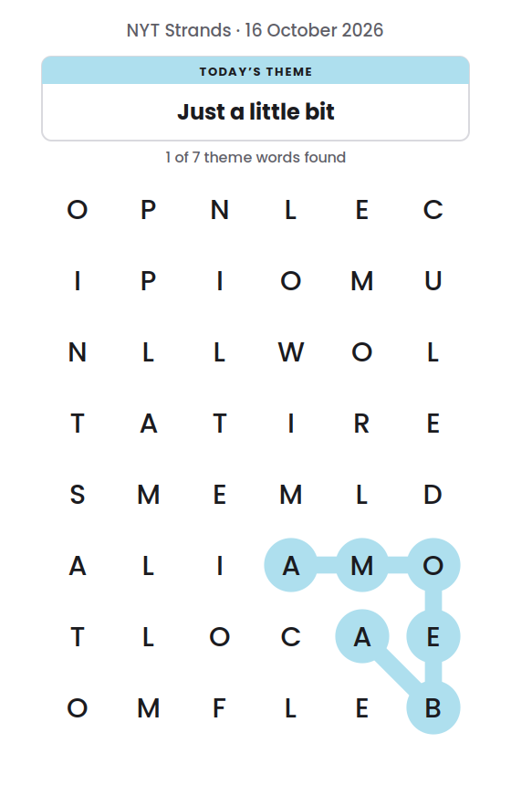 NYT Strands board for 16 October 2026 with 1 of 7 words found; the newest is AMOEBA.