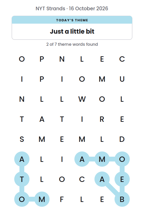 NYT Strands board for 16 October 2026 with 2 of 7 words found; the newest is ATOM.