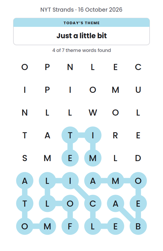NYT Strands board for 16 October 2026 with 4 of 7 words found; the newest is MITE.