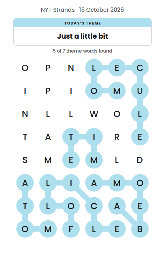 NYT Strands board for 16 October 2026 with 5 of 7 words found; the newest is MOLECULE.