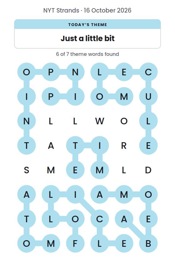 NYT Strands board for 16 October 2026 with 6 of 7 words found; the newest is PINPOINT.