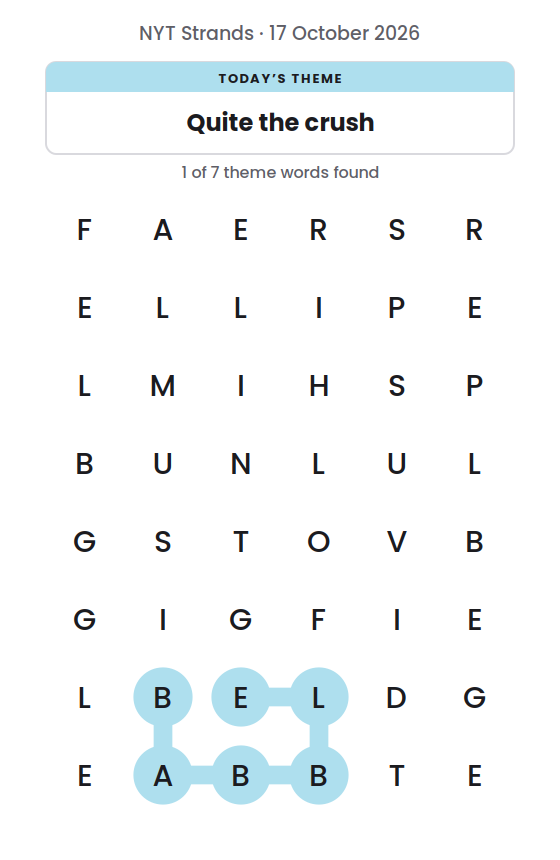 NYT Strands board for 17 October 2026 with 1 of 7 words found; the newest is BABBLE.