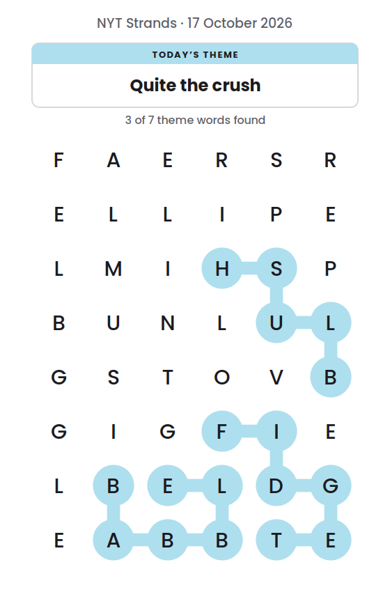 NYT Strands board for 17 October 2026 with 3 of 7 words found; the newest is FIDGET.