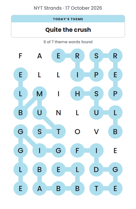 NYT Strands board for 17 October 2026 with 6 of 7 words found; the newest is STUMBLE.