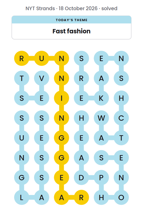 Solved NYT Strands board for 18 October 2026, with the spangram RUNNINGGEAR in yellow and the theme words HEADPHONES, SNEAKERS, SUNGLASSES, VEST and WATCH.