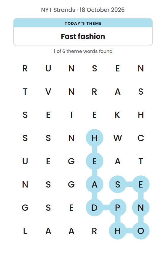 NYT Strands board for 18 October 2026 with 1 of 6 words found; the newest is HEADPHONES.