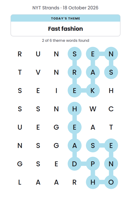 NYT Strands board for 18 October 2026 with 2 of 6 words found; the newest is SNEAKERS.