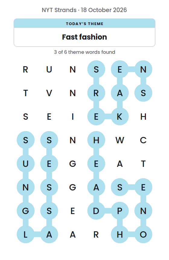 NYT Strands board for 18 October 2026 with 3 of 6 words found; the newest is SUNGLASSES.