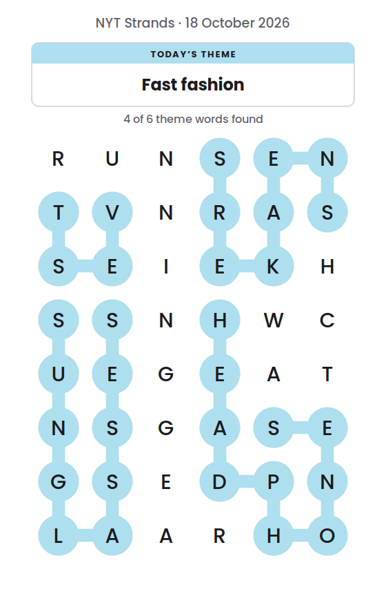 NYT Strands board for 18 October 2026 with 4 of 6 words found; the newest is VEST.